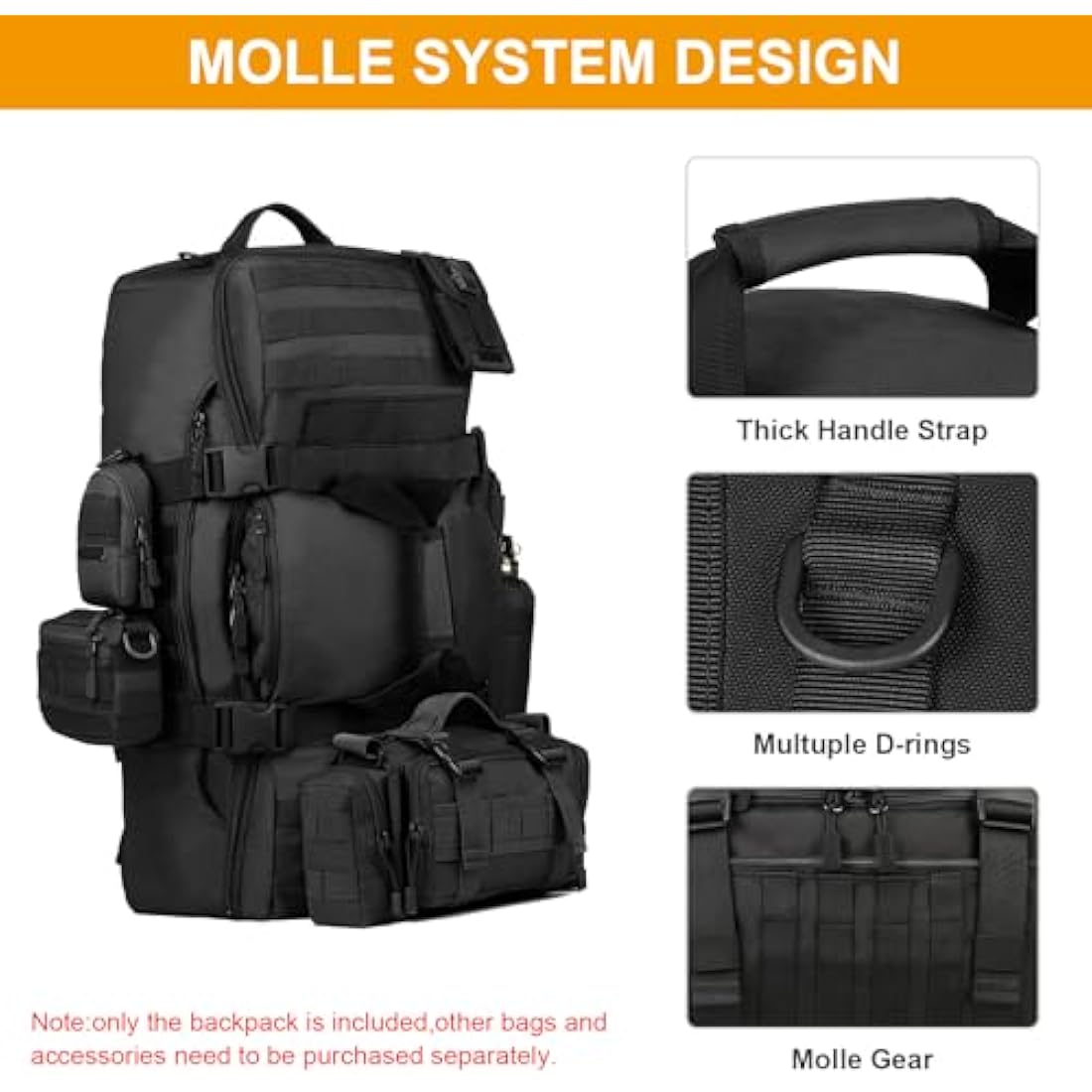 Huntvp 50L/60L Tactical Backpack, Military Backpack 3 in 1 Large Molle Backpacks, Travel Rucksack Hiking Luggage Handbag Crossbody Bag for Men Women Outdoors Hiking Hunting Travelling Camping Trekking