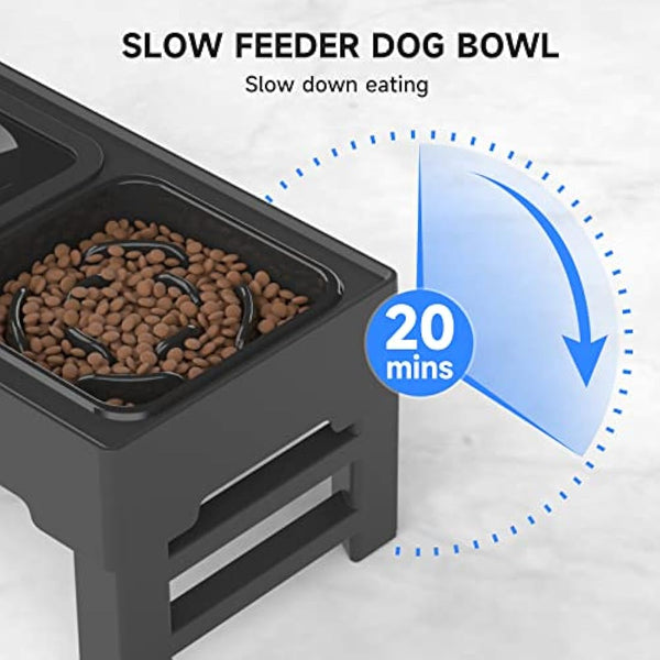 ELS PET Raised Dog Bowl, 2-in-1 Elevated Dog Bowl with Slow Feeder and Non-Spill Slow Water Bowl, 4 Height Adjustable Pet Dispenser with Stand for Small Medium Large Dog Cat