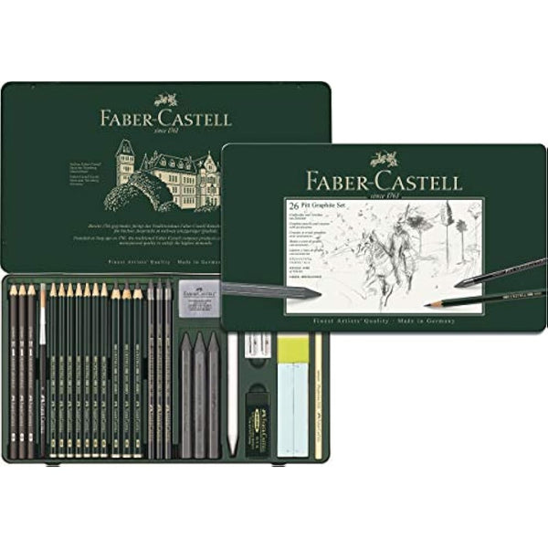 Faber-Castell - Pitt Graphite Set in Metal Case Large 26+3 Piece (Includes Eraser Pen with Brush, Paper Mop and Lead Sharpening Block)