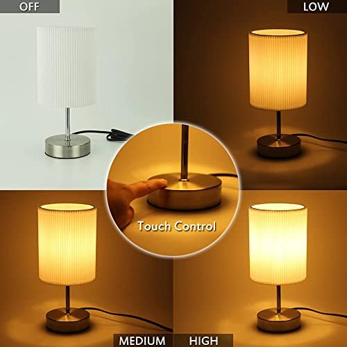HSLighting Touch Control Bedside Lamps, Table Lamp with Metal Base 3-Way Brightness Changing Dimmable LED Light Bulbs Desk Lamp Night Light for Bedroom Living Room (Metal Base-Silver-2pack)