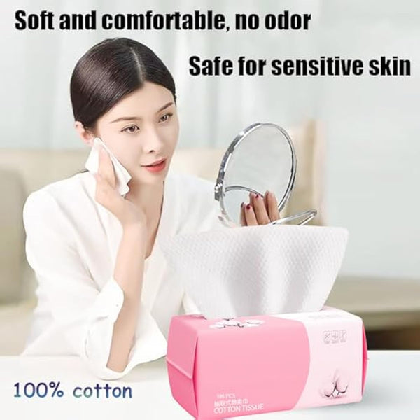 Disposable Face Towel 100 Count for Washing Soft Cotton Dry Wipes Facial Cloths Towelettes for Washing and Drying, Facial Tissue for Cleansing, Skincare and Makeup Remover (4 Pack-400 Count)