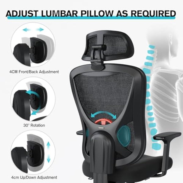 Eucladoceros Ergonomic Office Chair with Adjustable Armrests & Headrest - Lift Up Backrest Desk Chair with 3D Lumbar Support - Tilt 90°-125° - 150KG Weight Capacity - Ideal for Home Office(Black)