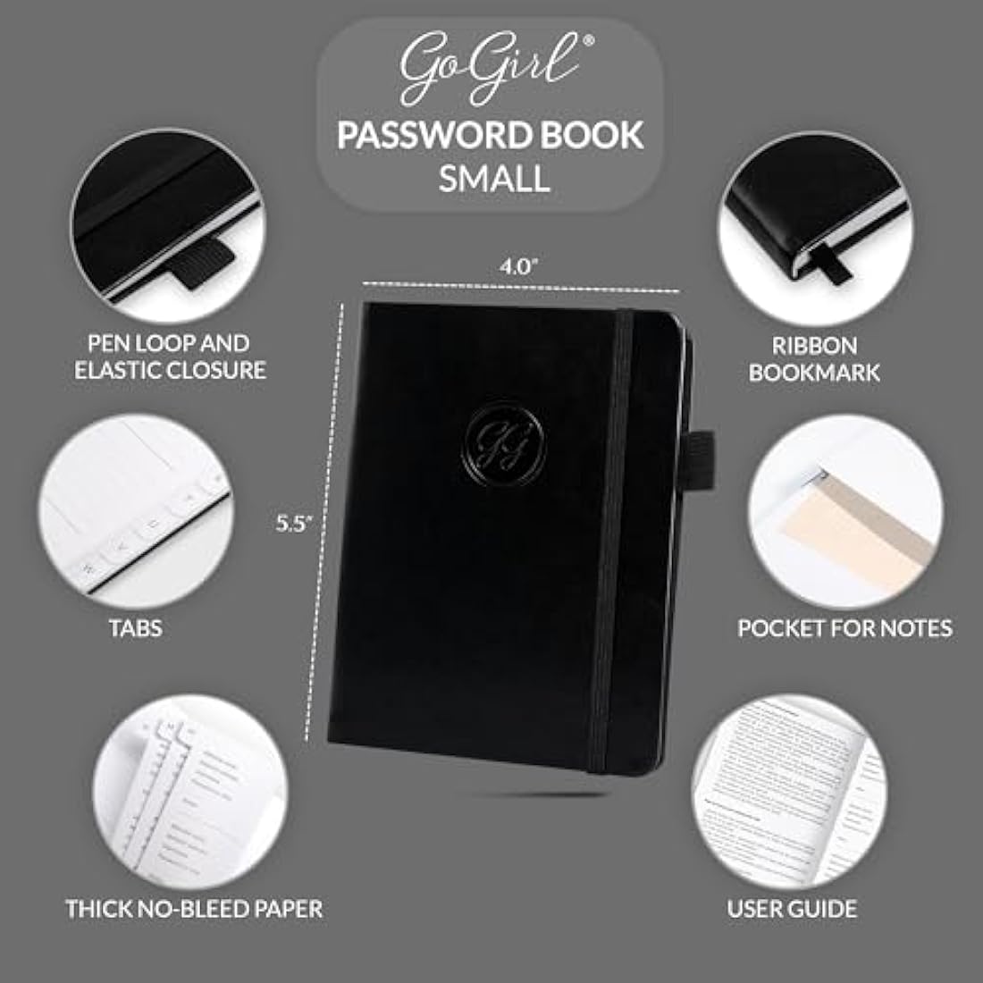 GoGirl Password Book with Alphabetical tabs – Internet Address & Password Keeper Logbook for Password Organization, Journal Notebook for Saving Website Logins. Small Size 11 x 14.5cm - Black