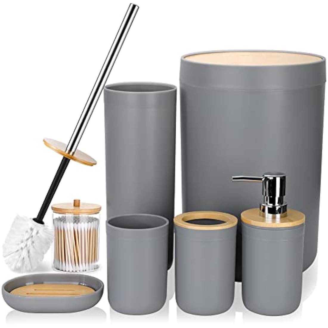 JOTOM 7 Pieces Bamboo Bathroom Accessories Bathroom Accessory Set Luxury Modern Plastic Bath Set Toothbrush Holder Tumbler Qtip Holder Toilet Brush Set Soap Dish Trash Can Soap Dispenser Gift (Grey)