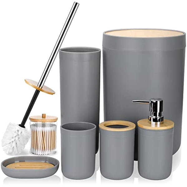 JOTOM 7 Pieces Bamboo Bathroom Accessories Bathroom Accessory Set Luxury Modern Plastic Bath Set Toothbrush Holder Tumbler Qtip Holder Toilet Brush Set Soap Dish Trash Can Soap Dispenser Gift (Grey)