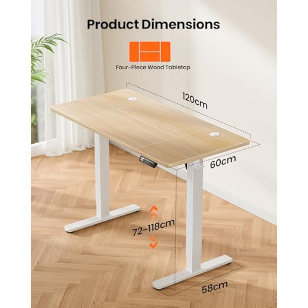 ErGear Electric Standing Desk Height Adjustable 120 x 60cm, Sit Stand Desk with 4 Memory Smart Pannel, Home Office Desk with Splice Board