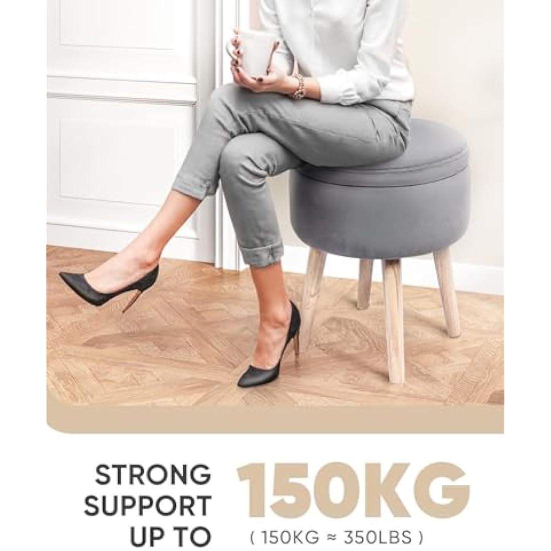 Bonlife Makeup Vanity Stool Side Table,Velvet Storage Footrest Ottoman Stool Seat Toy Box Storage Coffee Table with Wool Legs,Grey,36x36x45cm