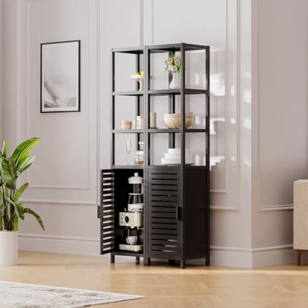 HITNET Tall Bathroom Storage Cabinet, 67 Inch Bamboo Freestanding Linen Tower Corner Shelf with 4 Open Shelves and Shutter Door for Small Space, Black