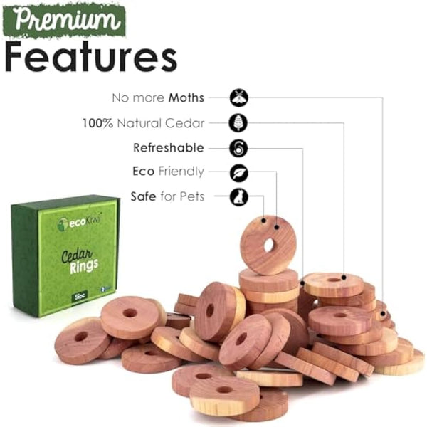 ecoKiwi Moth Repellent for Wardrobes Cedar Rings - 55 Pack - 100% Natural Cedar Balls - Anti Moth Products - Cedarwood Oil Moth Repellent for Rooms & Clothes - Moth Balls for Wardrobe with Sandpaper