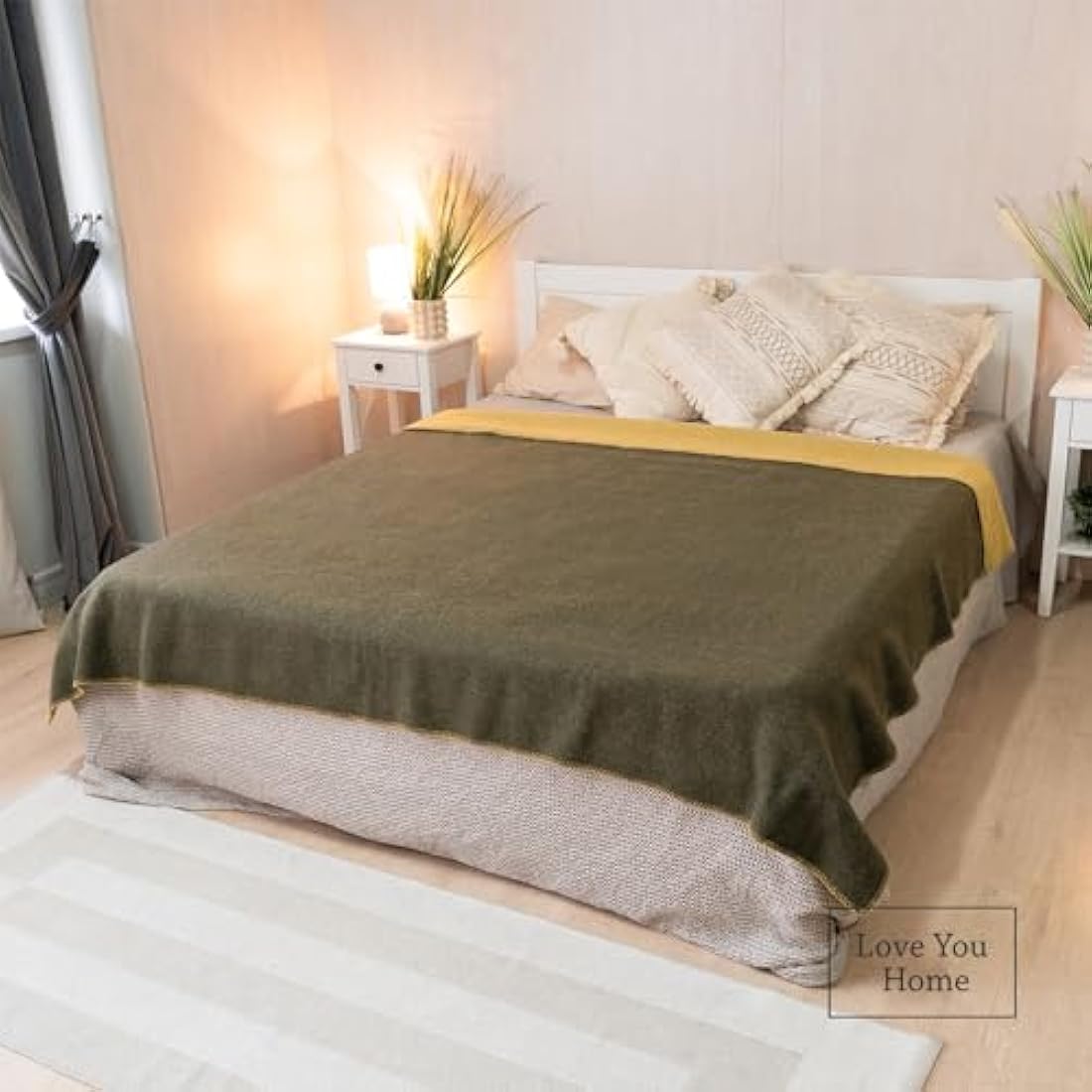 LYHome Travel Blanket - Extra Warm Picnic Throw, Bed Camping Outdoor Wool Blankets, Cozy Soft Throws, Military Army and Garden Outside Use (59x84 in | 150x215 cm | Mustard - Olive Green Double-sided)