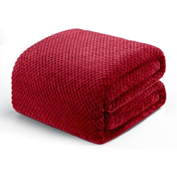 Exclusivo Mezcla King Size Fleece Bed Blanket, 230x265 CM Soft Jacquard Weave Waffle Pattern Blankets for Bed Settees, Burgundy