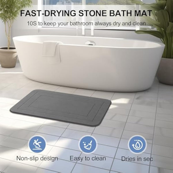 HUMIGA 2 Pack Stone Bath Mat, Diatomaceous Earth Shower Mat, Non-Slip Super Absorbent Quick Drying Bathroom Kitchen Floor Mat (Grey, 24x15)