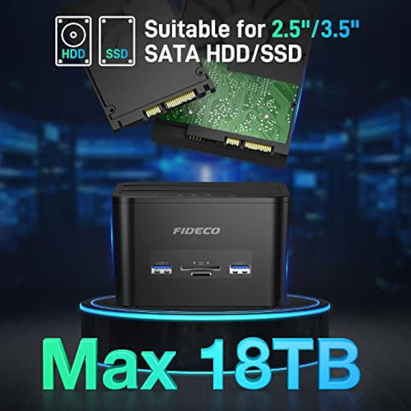 FIDECO Docking Station, USB 3.0 Hard Drive Docking Station for 2.5 and 3.5 inch SATA HDD or SSD, Support Offline Clone, TF & SD Card Reader, and 2x 18TB Hard Drives