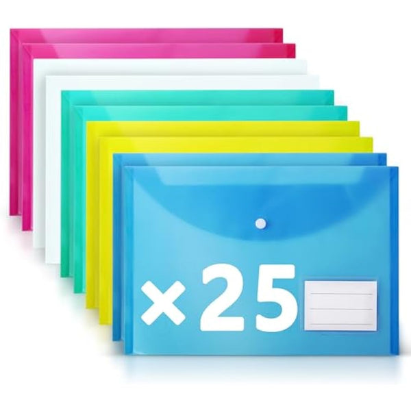 DocFeedz Plastic Wallets A4 - Pack of 25 Waterproof Plastic Folders for Documents 33.2 x 23.4 cm - 5 Assorted Colours Popper Wallet A4 with Snap Button and Label for Home, Office, School and Travel
