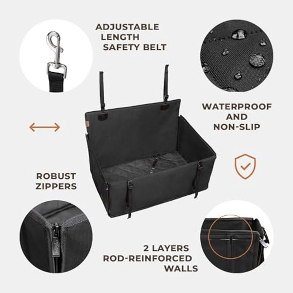Extra Stable Dog Car Seat - Reinforced, Waterproof Pet Car Seat for Medium-Sized Dogs with 4 Fastening Straps (L Size, Black)