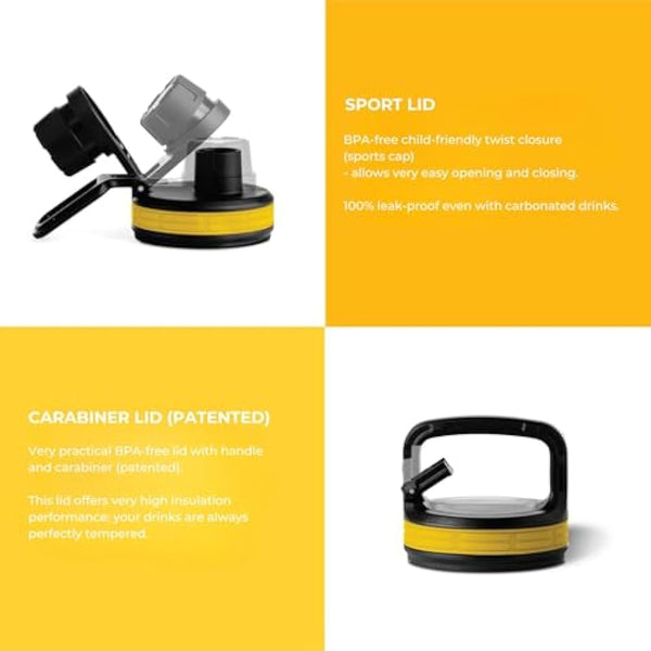 hydro2go Glass Water Bottle with Silicone Sleeve – Dishwasher Safe, 2 Interchangeable Lids, 100% Leak-proof & BPA-free – Ideal for Children, Office, Sports & Outdoor (Blazing Yellow 2.0) – 550 ml