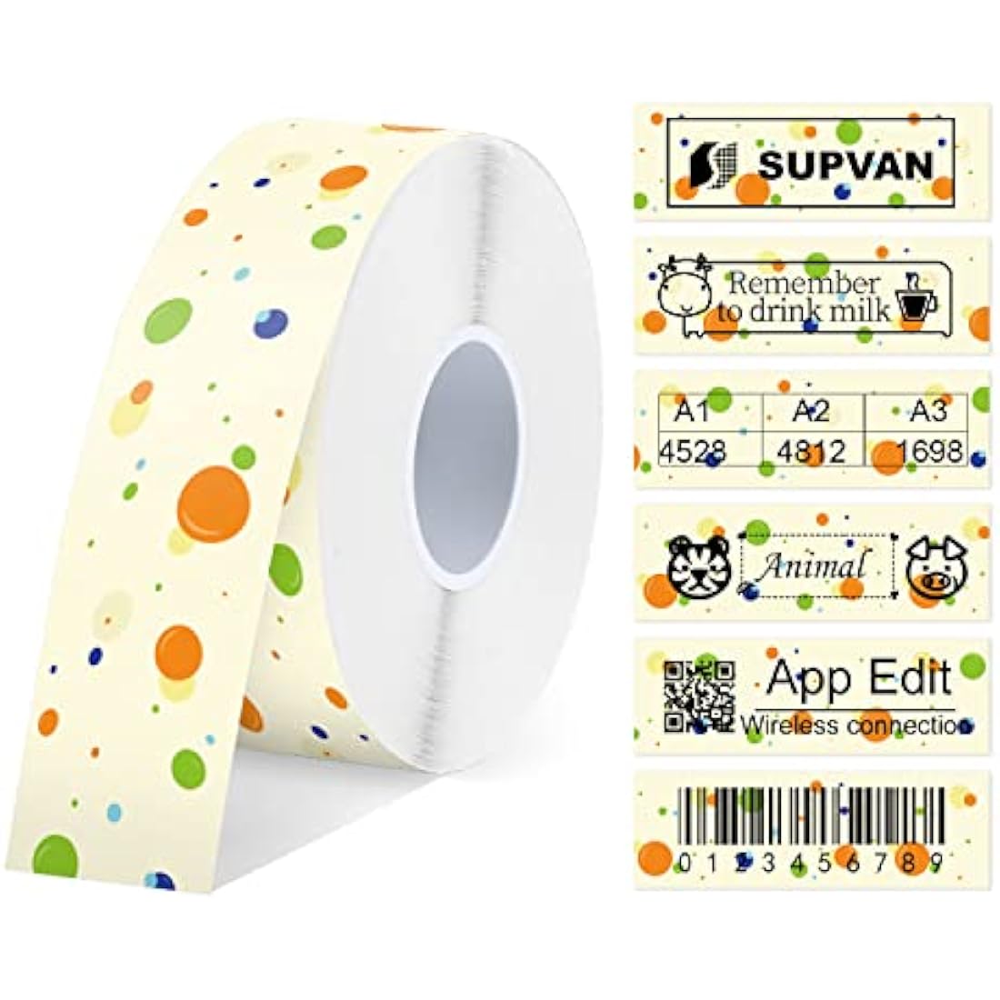 SUPVAN E10 & E11 & E16 Label Maker Tape, 15mm × 6 m Genuine Continuous Laminated Thermal Label Tape Refill, Waterproof Oilproof Child-Safe Durable Auto Detect Labels, Black on Dots