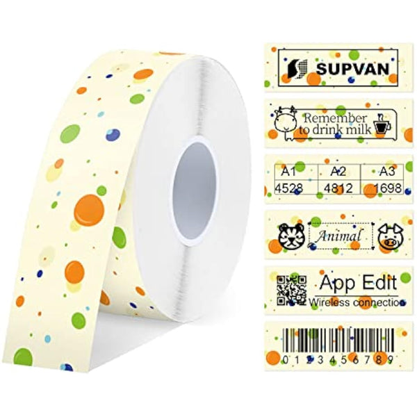 SUPVAN E10 & E11 & E16 Label Maker Tape, 15mm × 6 m Genuine Continuous Laminated Thermal Label Tape Refill, Waterproof Oilproof Child-Safe Durable Auto Detect Labels, Black on Dots