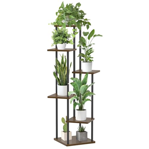 LyTaispuly 6 Tier Oak Wood & Metal Plant Stand, 115cm Tall, Indoor/Outdoor, 55kg Load Capacity, Easy Assembly, Corner Design