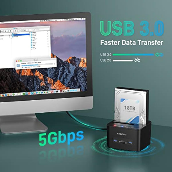 FIDECO Docking Station, USB 3.0 Hard Drive Docking Station for 2.5 and 3.5 inch SATA HDD or SSD, Support Offline Clone, TF & SD Card Reader, and 2x 18TB Hard Drives