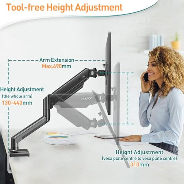 ELIVED Single Monitor Arm for Most 13-32 Inch Monitors with VESA 75x75/100x100mm up to 9KG, 360° Rotation Gas Spring Arm with C-Clamp and Grommet Base, Monitor Stand Mount EV004
