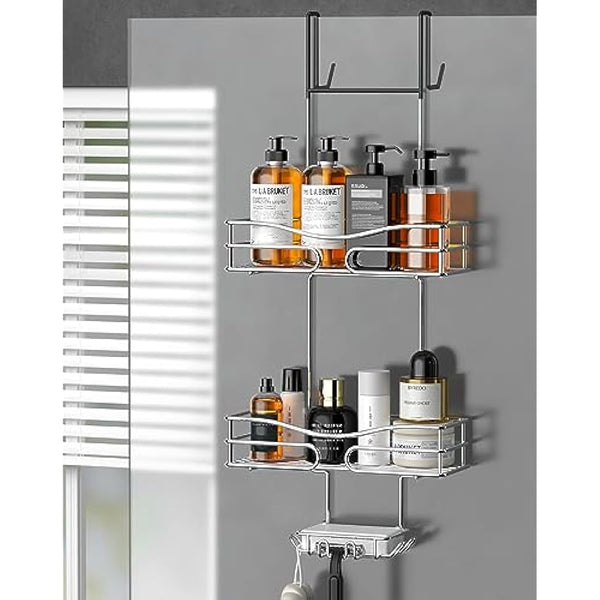 Cooeco Over Door Shower Caddy 2-Tier Bathroom Shelf with Soap Holder and Hooks, Stainless Steel Storage Organizer, Rust Proof, Silver