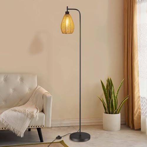 ArcoMead Farmhouse Floor Lamp, Tall Standing Whole Metal Light with Hand-Woven Paper Rope Teardrop Cage Head & Foot Switch, Boho Standing Lamps, Black Reading Lights for Bedroom, Living Room, Decor
