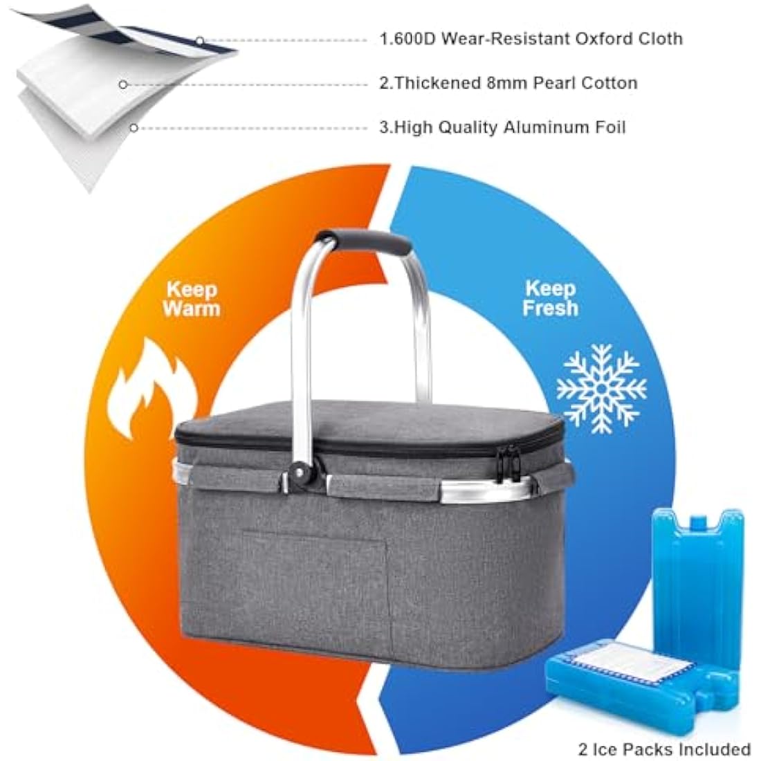 ALLCAMP Cool Bag - Insulated Shopping Basket with Lid, Ice Box Cooler,Removable Picnic Basket for 4 People, Thick Thermal Basket with Aluminum Frame (Large Gray)