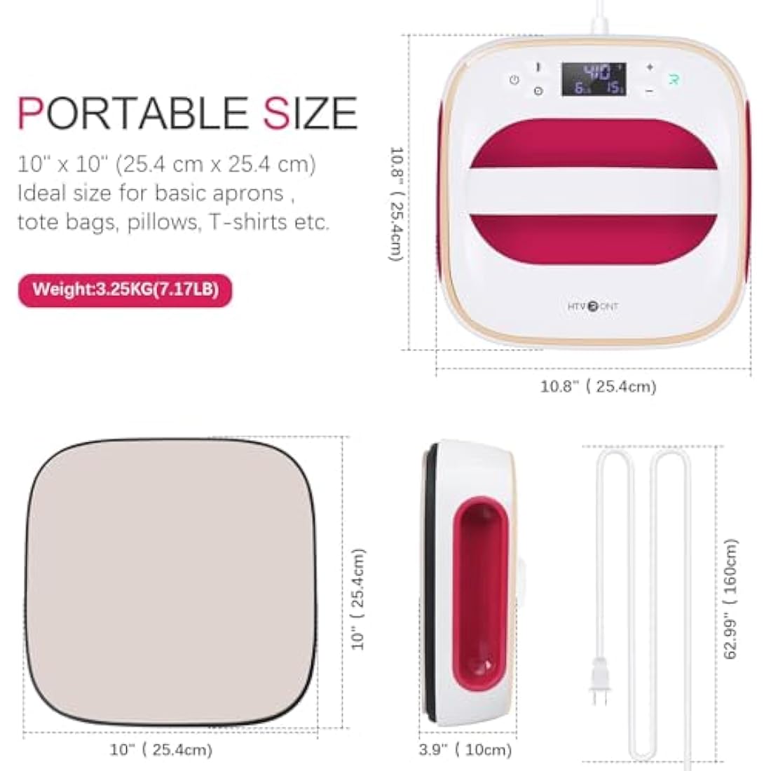 Heat Press Machine for T Shirts, 10" x 10" Portable Press Machine, Fast Heat-up Iron Press Heat for Sublimation and HTV Vinyl Shirt Press Machine for Hat, Bags, Heating Transfer Projects (Raspberry)