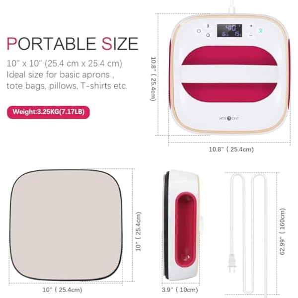 Heat Press Machine for T Shirts, 10" x 10" Portable Press Machine, Fast Heat-up Iron Press Heat for Sublimation and HTV Vinyl Shirt Press Machine for Hat, Bags, Heating Transfer Projects (Raspberry)