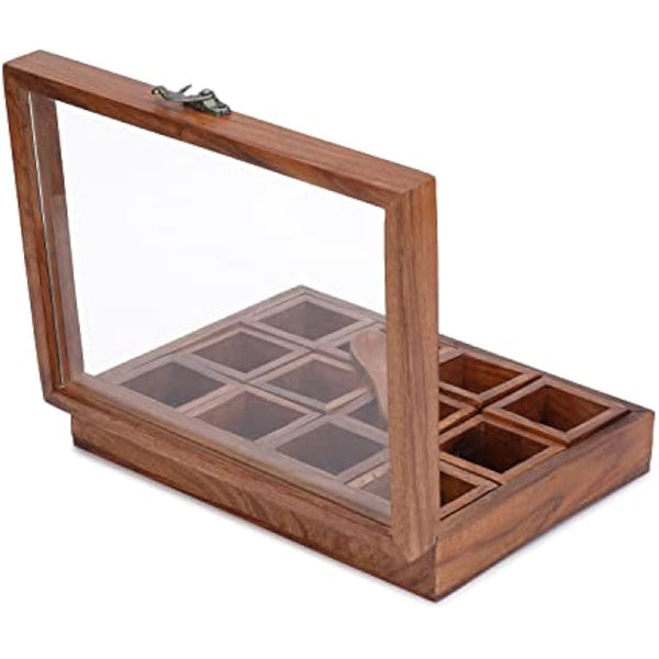 Ajuny Wooden Spice Box - Masala Dabba Organizer with Glass Lid on Top, 12 Removable Compartments and 1 Designer Spoon Spice Storage Container, Ideal for Seasonings & Herbs Best Gifts