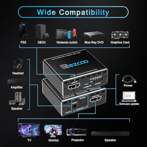 HDMI 2.0 Audio Extractor 4K 60Hz PS5 1080P 120Hz 4:4:4 HDCP 2.2 CEC D-olby vision HDR de-embed SPDIF Optical 5.1CH 3.5mm stereo L/R Audio Breakout D-olby Digital Audio Decoder EDID Management Scaler
