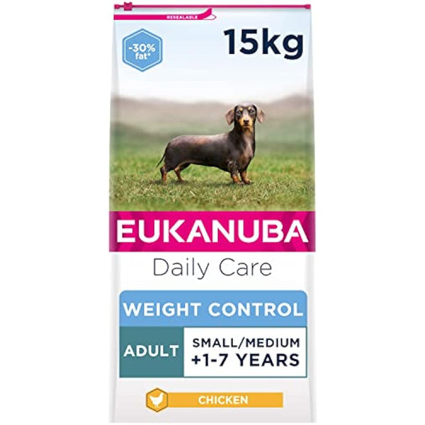 Eukanuba Weight Control Low Fat Complete Dry Dog Food for Adult Small and Medium Breeds with Chicken 15 kg