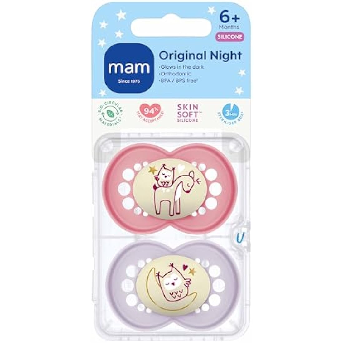 MAM Original Night Soothers | 6 Plus Months | 2 Pack | Glow in The Dark Dummies | Comes in Dummy Steriliser Case | Sustainable Materials | Baby Accessories | Pink (Various Designs)