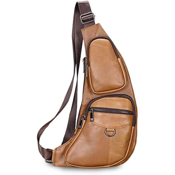 FANDARE Retro Sling Bag Genuine Leather Chest Crossbody Bag Hiking Cover Pack Rucksack Waterproof Shoulder Bag Sling Backpack for Business Travel Hiking Bicycle Sport Gym Pack Yellow