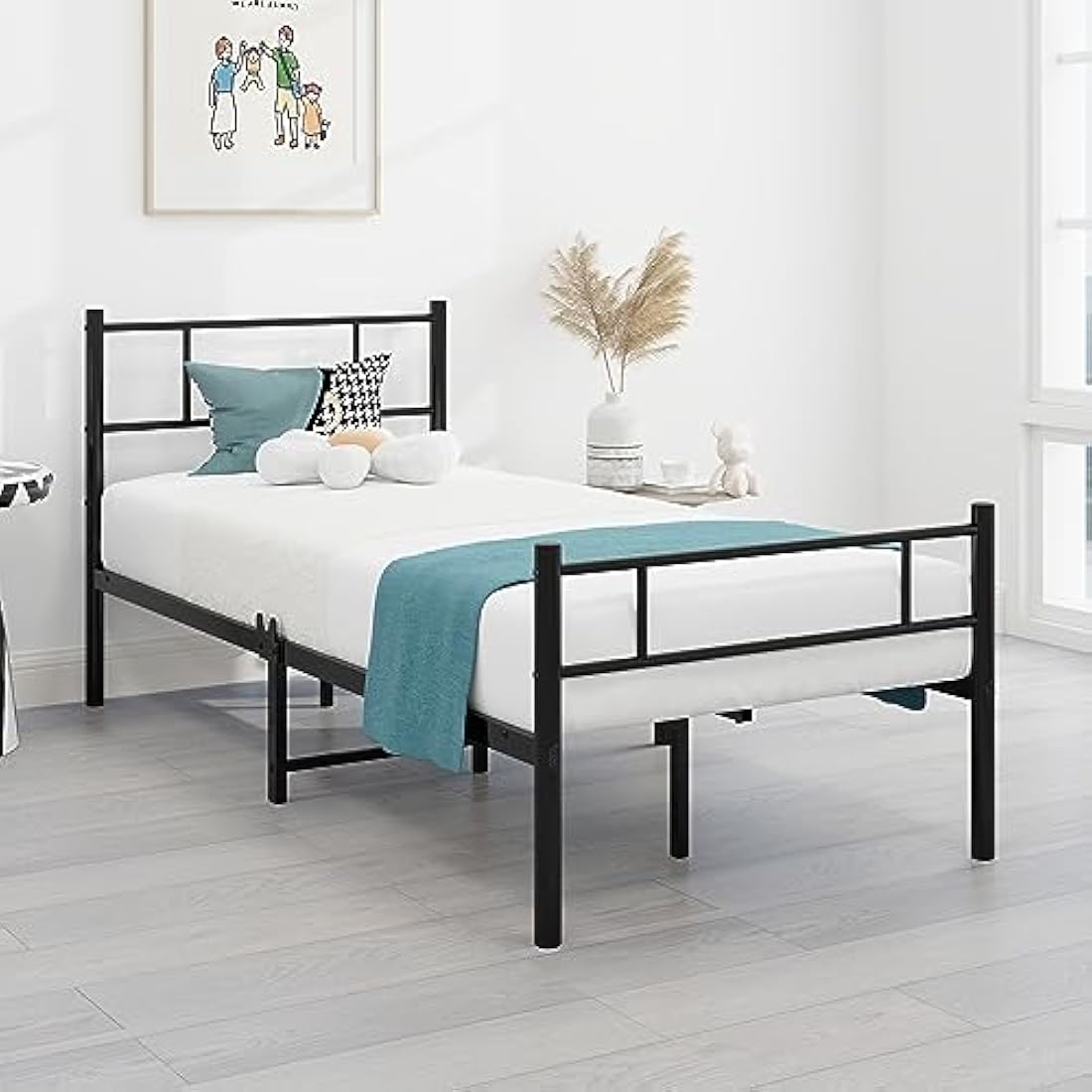 HOMERECOMMEND Single Metal Bed Frame 3ft Bed Frame with Headboard No Box Spring Needed,Under Bed Storage,Steel Slat Support,Easy Assembly,Black