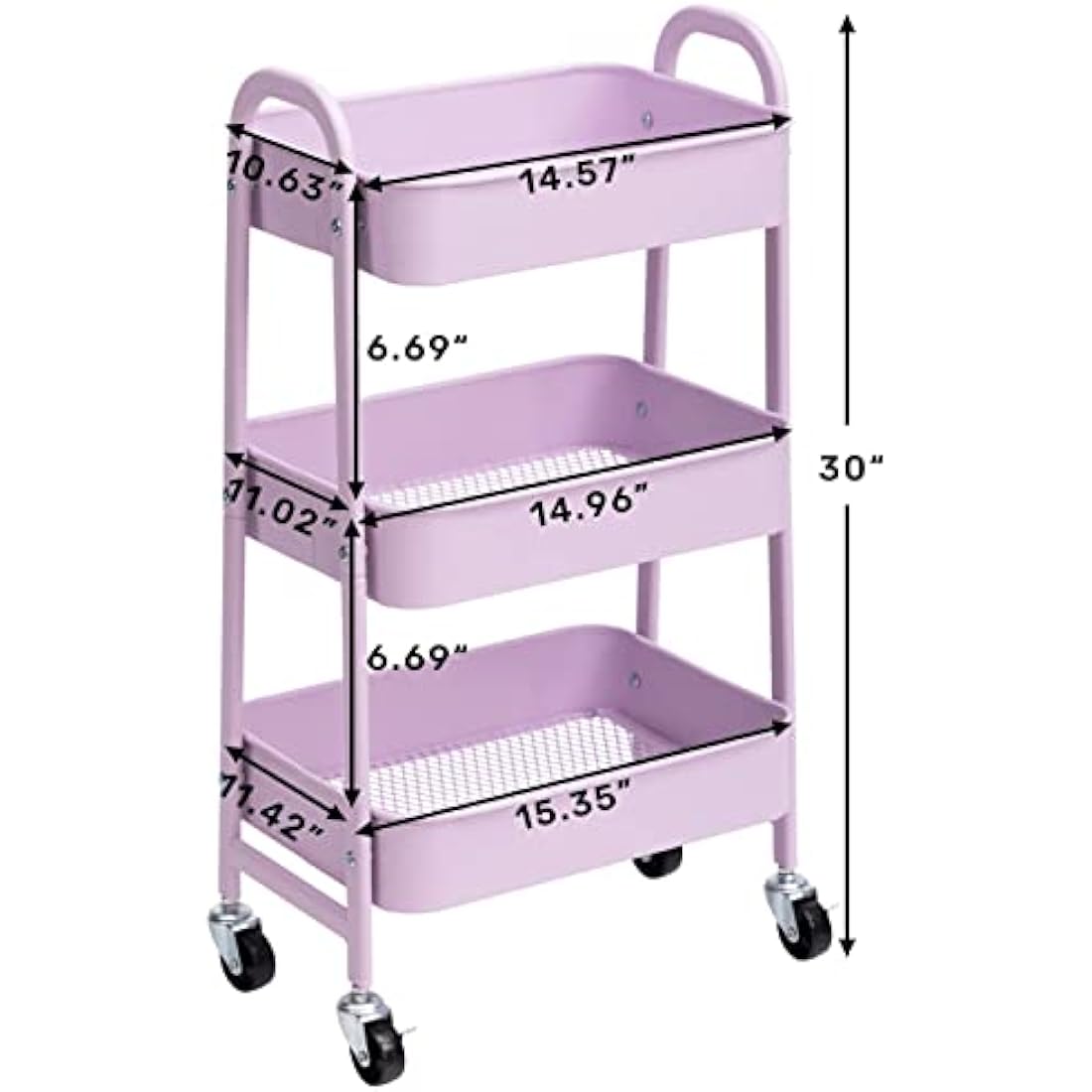 DOEWORKS 3-Tier Storage Cart Rolling Trolley Cart, Metal Utility Shelves with Wheels for Kitchen Makeup Bathroom Office, Light Purple