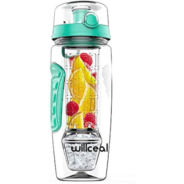 Fruit Infuser Water Bottle 32oz Durable with Detachable Ice Gel Ball,Large - BPA Free Tritan, Flip Lid, Leak Proof Design - Sports, Camping (Mint)