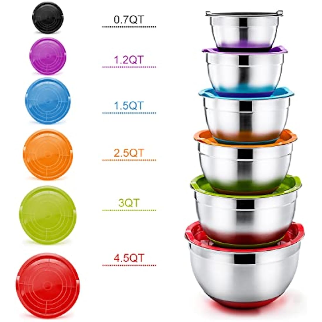 HaWare Mixing Bowls Set of 6, 100% Stainless Steel Nesting Bowls Set with Lids, Mirror Finish & Silicone Bottom, (Bright Colors), Heavy Duty & Dishwasher Safe - 4.5/3/2.5/1.5/1.2/0.7QT