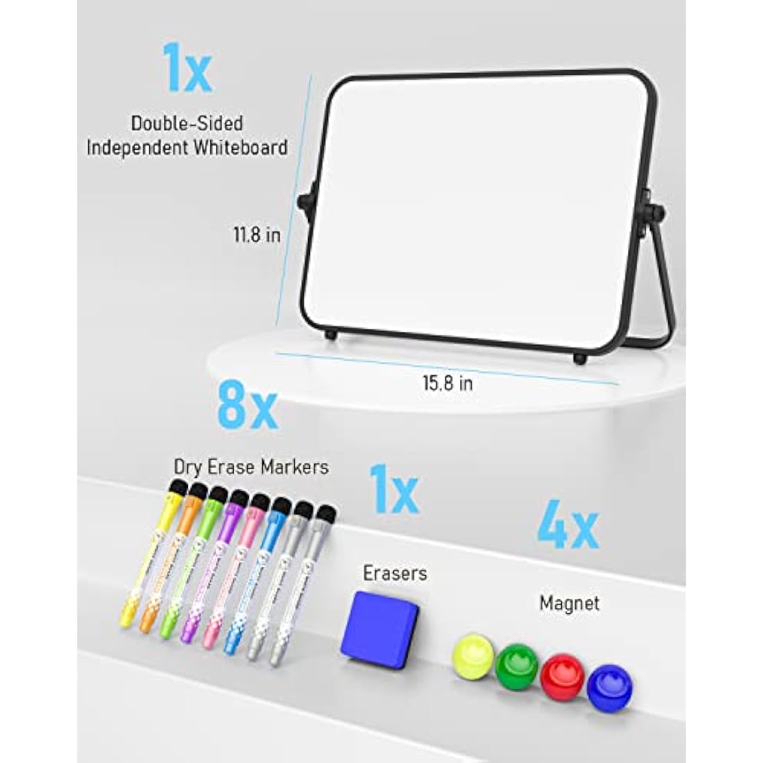 Nicpro Dry Erase Small Whiteboard A3 with Non-Slip Stand, 30 x 40 cm Double Sided Magnetic Desktop White Board with 8 Pens, Eraser, Magnet, Portable Writing Easel for Kid Drawing Student Classroom Use