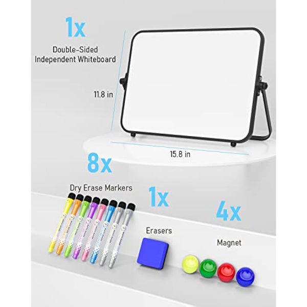 Nicpro Dry Erase Small Whiteboard A3 with Non-Slip Stand, 30 x 40 cm Double Sided Magnetic Desktop White Board with 8 Pens, Eraser, Magnet, Portable Writing Easel for Kid Drawing Student Classroom Use