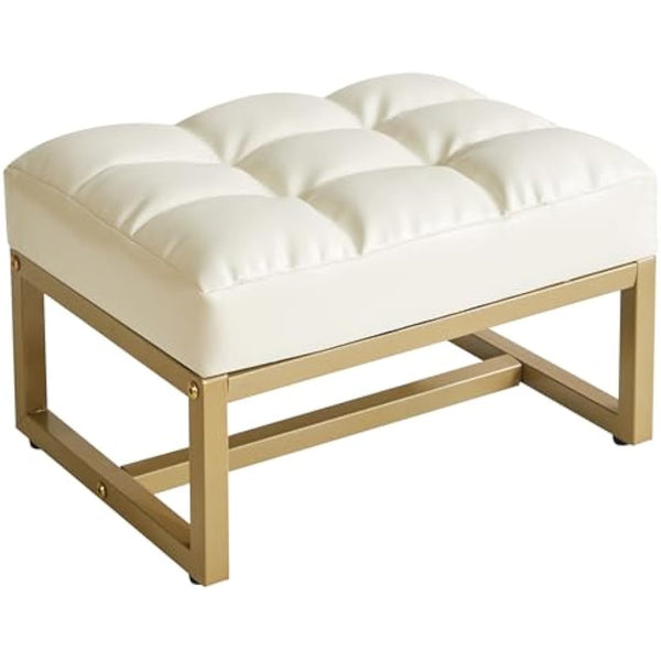 Aibiju Small Footstool Ottoman, Rectangle Faux Leather Footstool with Gold Metal Frame, Change Shoes Stool for Living Room, Bedroom, Entryway Office, White YD-JD139W