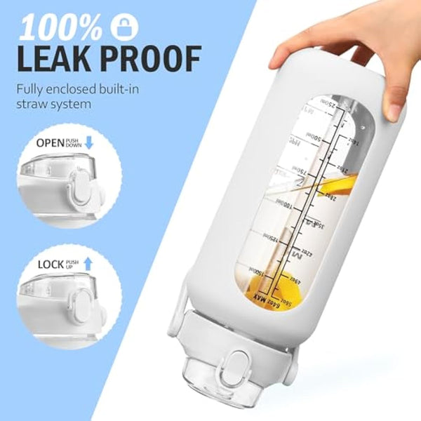 HYDRAGLAZIC 2L Glass Water Bottle with 2 Lids Flip and Chug Lids 2 Liter Large Water Jug with Time Marker and Silicone Sleeve BPA Free Leak-proof for Sports Gym, White