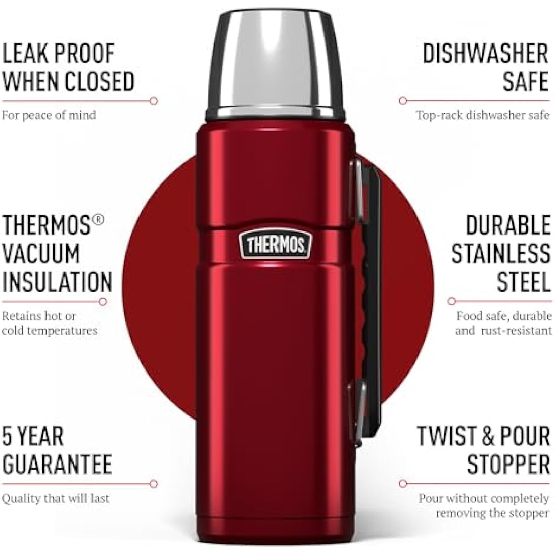 Thermos - Stainless King Red Travel Flask (1.2L) - Premium Leak Proof Insulated Tea & Coffee Flask for Hot & Cold Drinks, Built-in Cup, Twist-Pour Stopper, BPA-Free, Durable Steel, Dishwasher Safe
