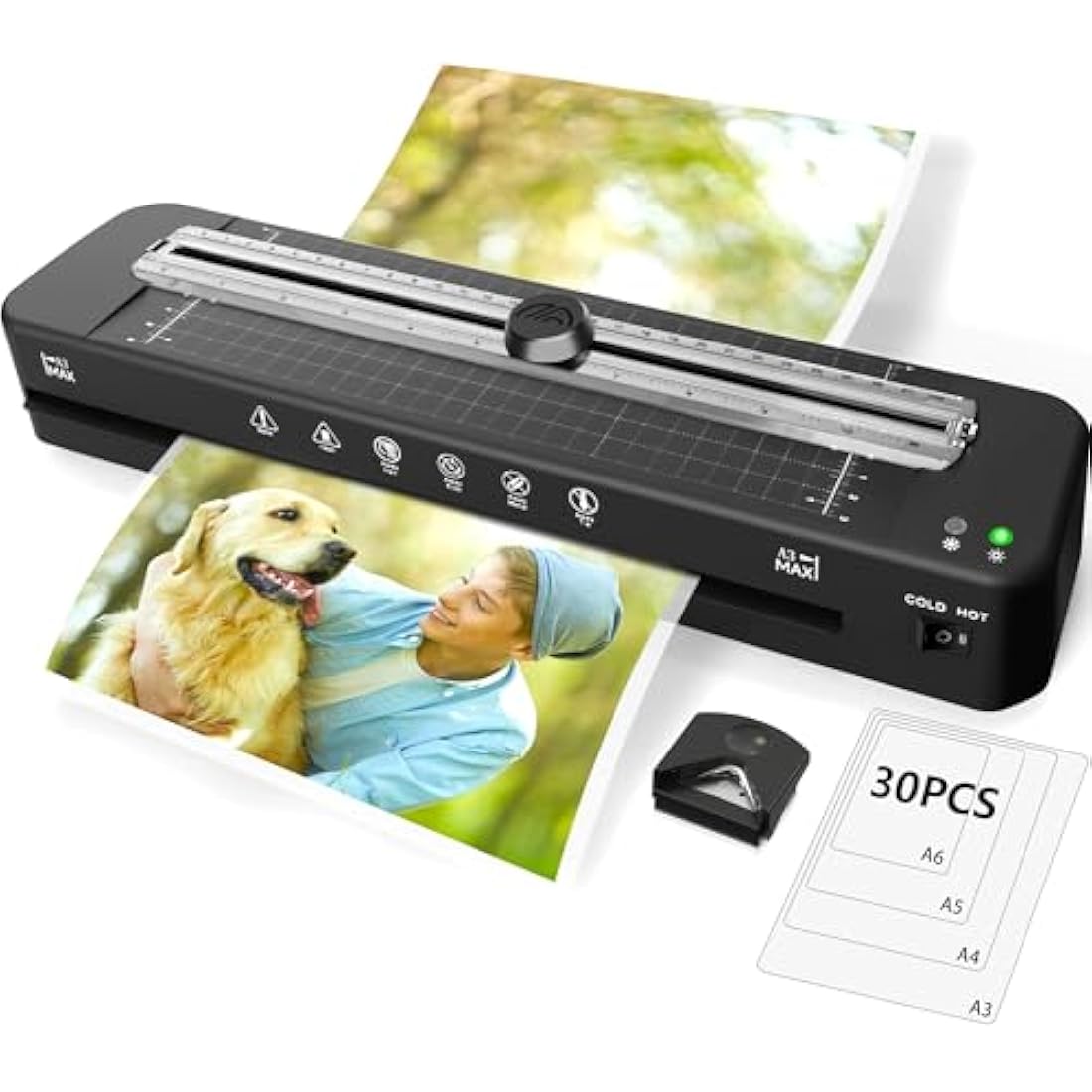 A3 Laminator Machine with 30 Laminating Sheets for A3/A4/A5/A6, Built-in Paper Cutter & Corner Rounder, Cold & Thermal Laminator for Classroom, Home Office, School