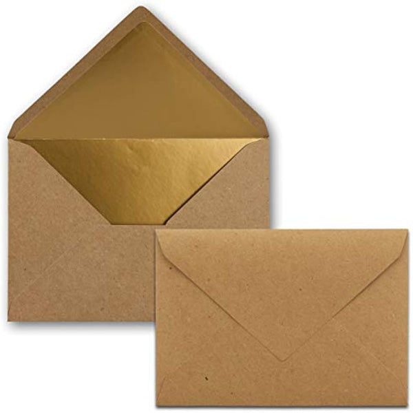 Envelopes DIN C6-114 x 162 mm â€“ 11.4 x 16.2 cm, wet adhesive, gold-silver metallic lining 100 Umschläge Kraftpapier Braun | Gold