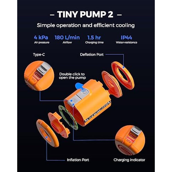 FLEXTAILGEAR Tiny Pump 2, Portable Electric Air Pump, 800mAH Battery Rechargeable, High Flow 180L/min, Fast In/Deflating, Air Mattress, Swimming Ring, Vacuum Storage Bags, Camping & Travel