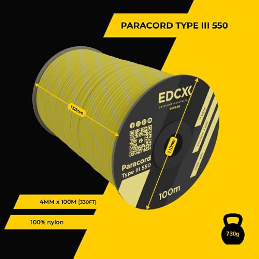 EdcX 4mm Rope 550 - Type III, 100% Rope, 7 Strand Rope, 4mm Rope in Solid Colors