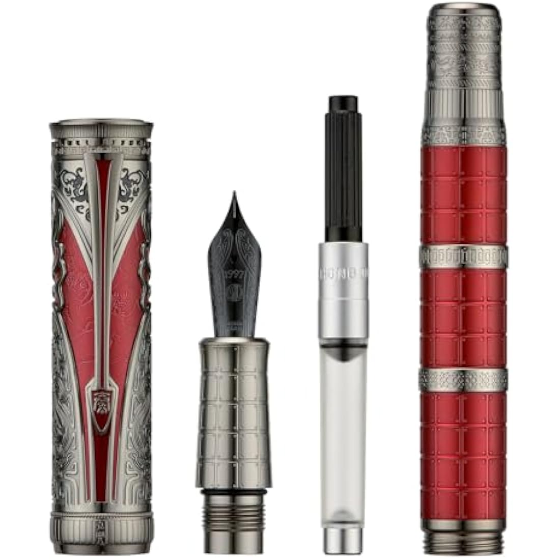 Hongdian D5X Fountain Pen Fine Nib Red Color, Qin Dynasty Retro Chinese Totem Engraving Smooth Writing Pen with Converter and Pen Box Set