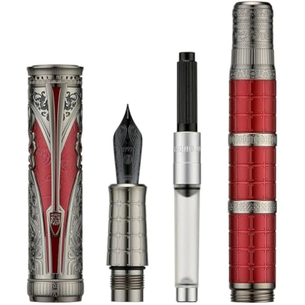 Hongdian D5X Fountain Pen Fine Nib Red Color, Qin Dynasty Retro Chinese Totem Engraving Smooth Writing Pen with Converter and Pen Box Set